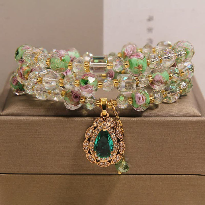 Buddha Stones Pulsera Golden Liuli Glass Rose Garden Teardrop Energy Triple Wrap - image 8