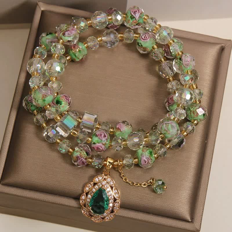 Buddha Stones Pulsera Golden Liuli Glass Rose Garden Teardrop Energy Triple Wrap - image 2