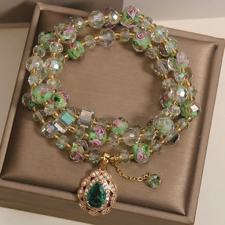 Buddha Stones Pulsera Golden Liuli Glass Rose Garden Teardrop Energy Triple Wrap - image 2