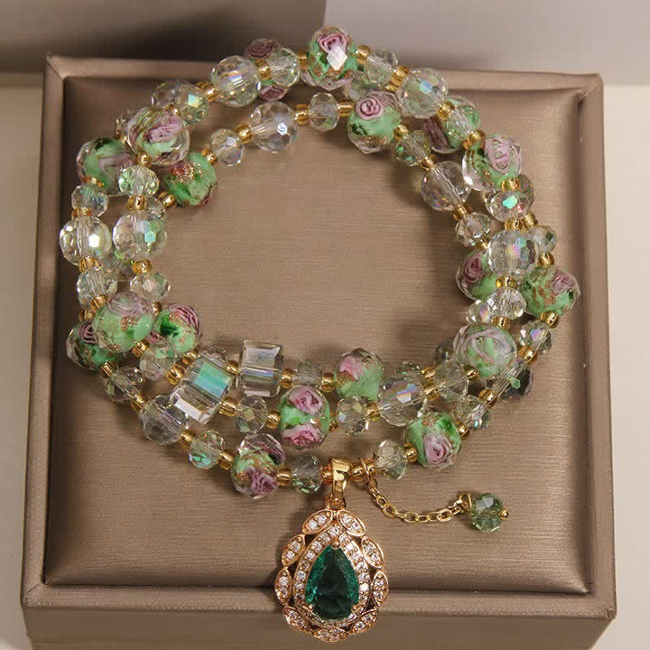 Buddha Stones Pulsera Golden Liuli Glass Rose Garden Teardrop Energy Triple Wrap - image 1