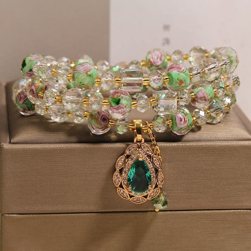 Buddha Stones Pulsera Golden Liuli Glass Rose Garden Teardrop Energy Triple Wrap - image 7
