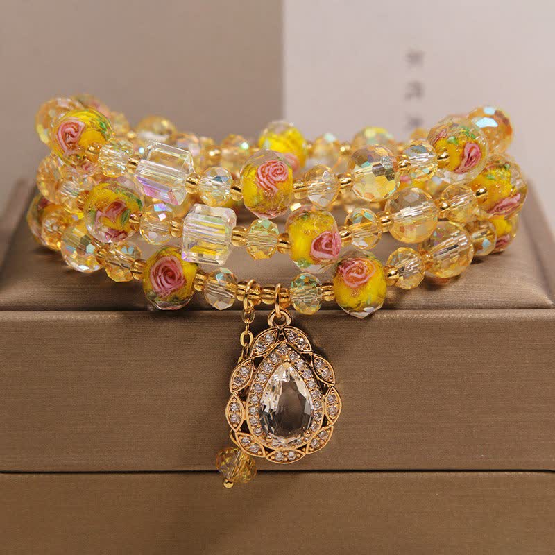 Buddha Stones Pulsera Golden Liuli Glass Rose Garden Teardrop Energy Triple Wrap - Amarillo (circunferencia de la muñeca: 15-16 cm) - image 9