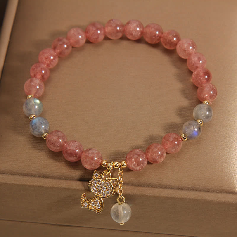 Buddha Stones Pulsera con dije de gato de cuarzo fresa y piedra lunar - image 1