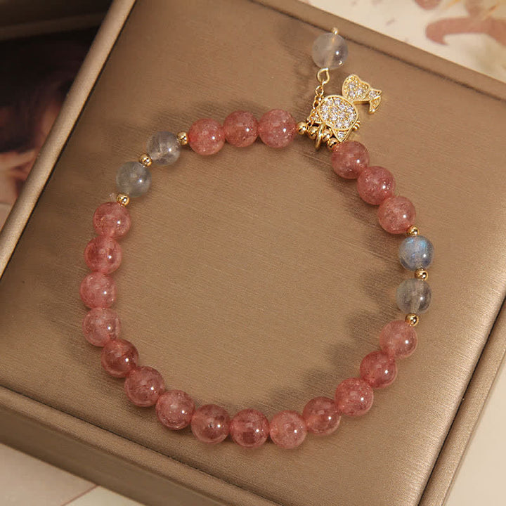 Buddha Stones Pulsera con dije de gato de cuarzo fresa y piedra lunar - image 3