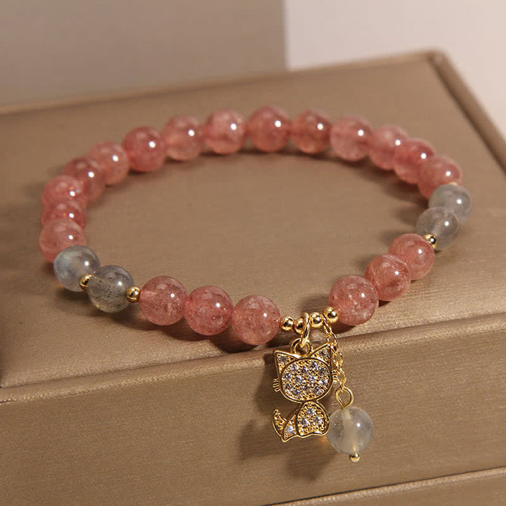 Buddha Stones Pulsera con dije de gato de cuarzo fresa y piedra lunar - image 4