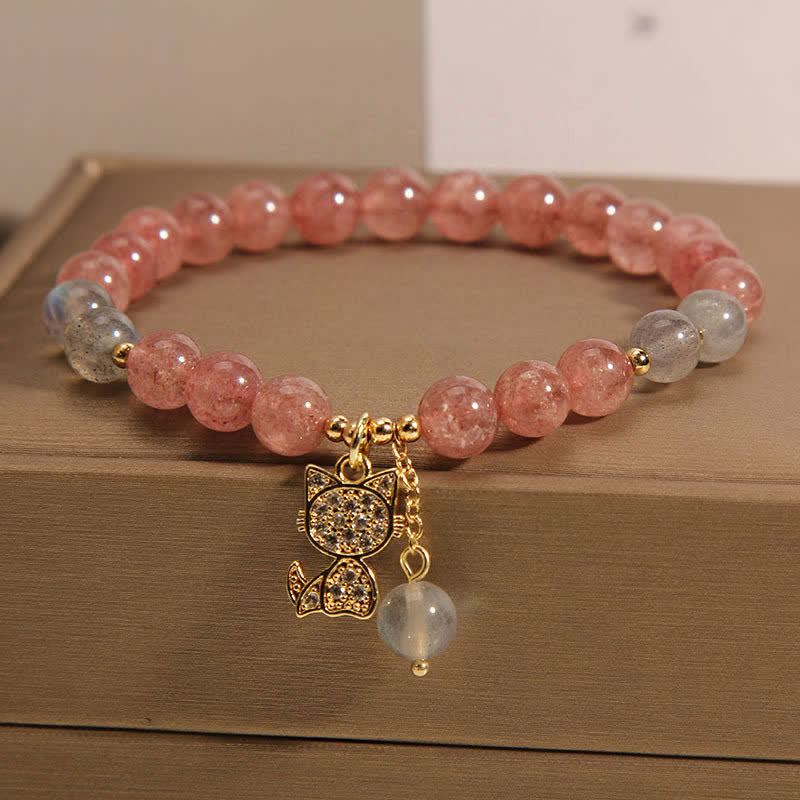 Buddha Stones Pulsera con dije de gato de cuarzo fresa y piedra lunar - image 5