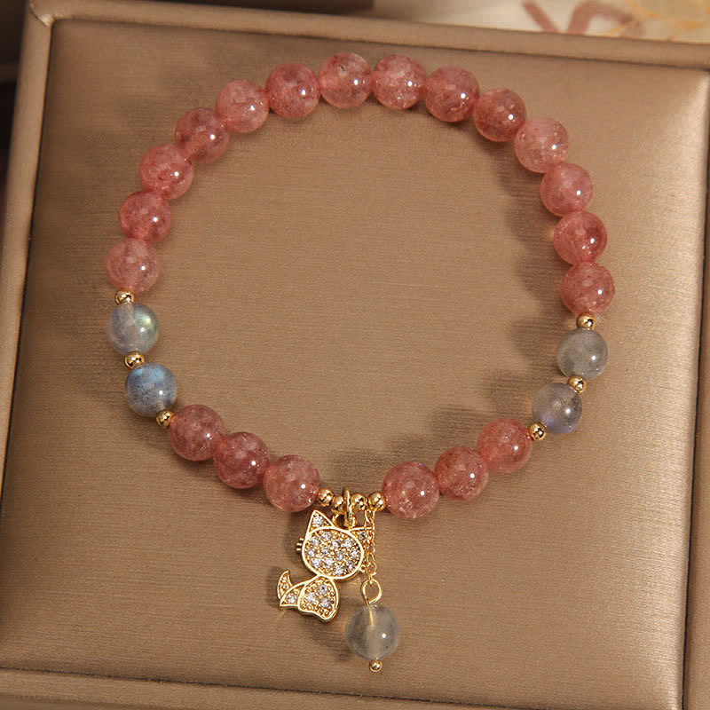Buddha Stones Pulsera con dije de gato de cuarzo fresa y piedra lunar - image 2