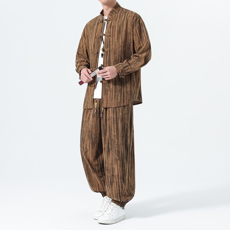 Buddha Stones Conjunto de 2 piezas para otoño/invierno: camisa y pantalón de pana a rayas con cuello mandarín para hombre, ideal para meditación. - Broncearse - US/UK/AU46, EU56 (5XL) - image 0