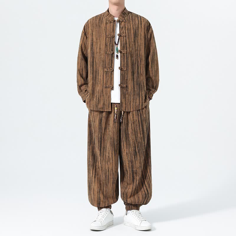 Buddha Stones Conjunto de 2 piezas para otoño/invierno: camisa y pantalón de pana a rayas con cuello mandarín para hombre, ideal para meditación. - image 1