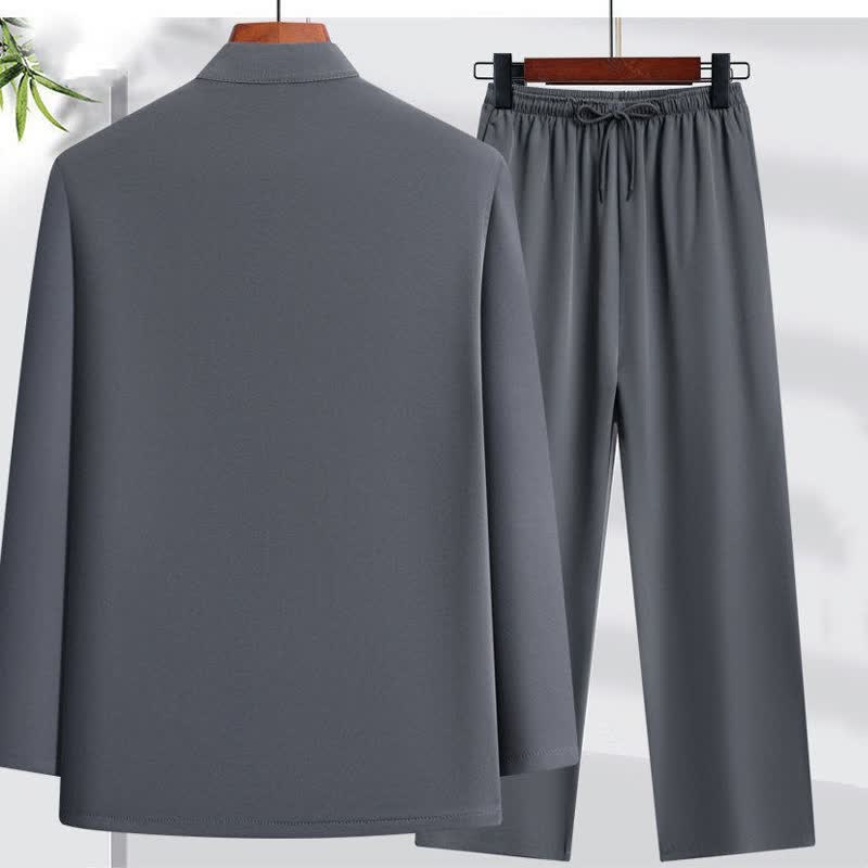 Buddha Stones Conjunto de 2 piezas de primavera y otoño estilo Tang con cuello mandarín, botones de rana y bordado de dragón. Camisa y pantalón para hombre, ropa de meditación con bolsillos. - image 1