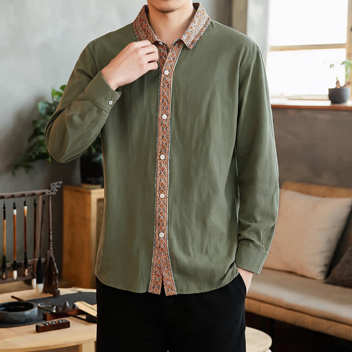 Buddha Stones Camisas de manga larga geométricas con botones, estilo vintage, para hombre, ideales para primavera y otoño. - Verde oliva oscuro - US/UK/AU42, EU52 (3XL) - image 11