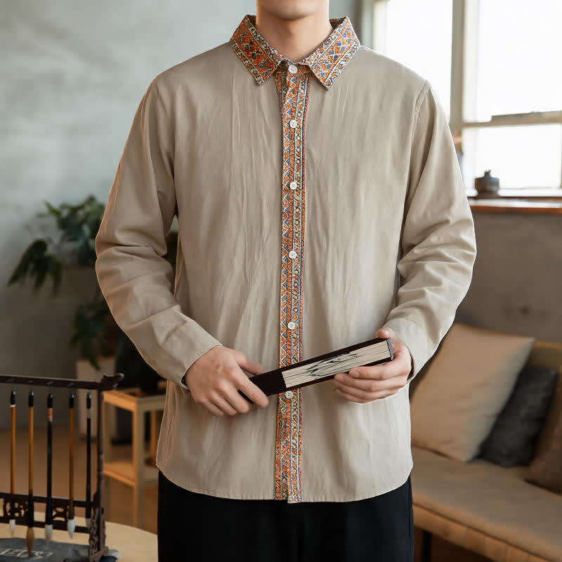 Buddha Stones Camisas de manga larga geométricas con botones, estilo vintage, para hombre, ideales para primavera y otoño. - image 17