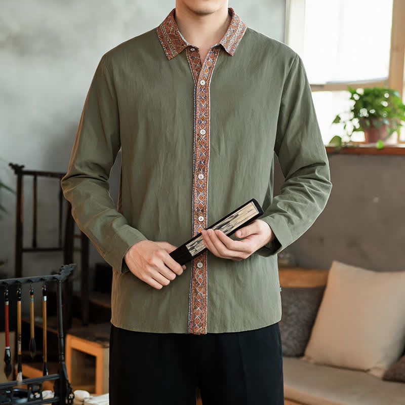 Buddha Stones Camisas de manga larga geométricas con botones, estilo vintage, para hombre, ideales para primavera y otoño. - image 12