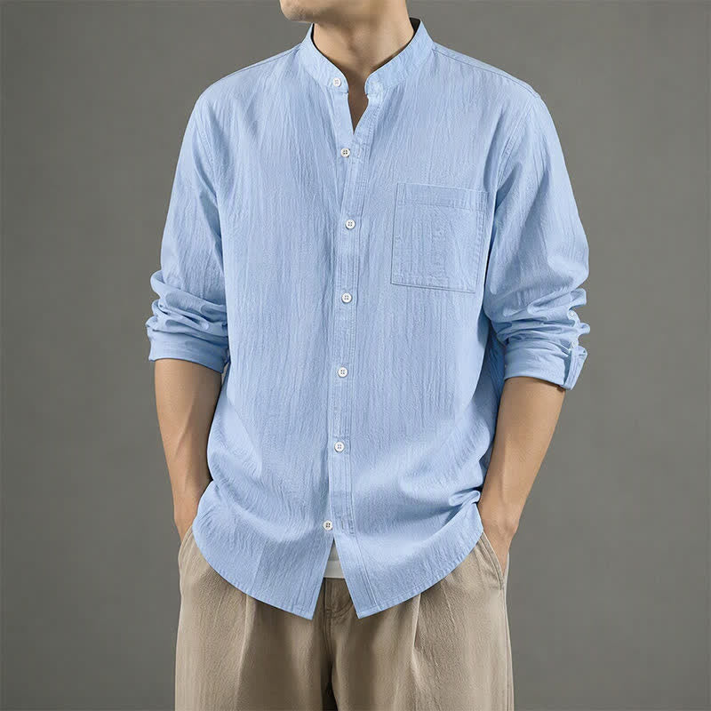Buddha Stones Camisas de manga larga para hombre de estilo casual Tang con cuello mandarín y bolsillo de parche, ideales para primavera y otoño. - image 1