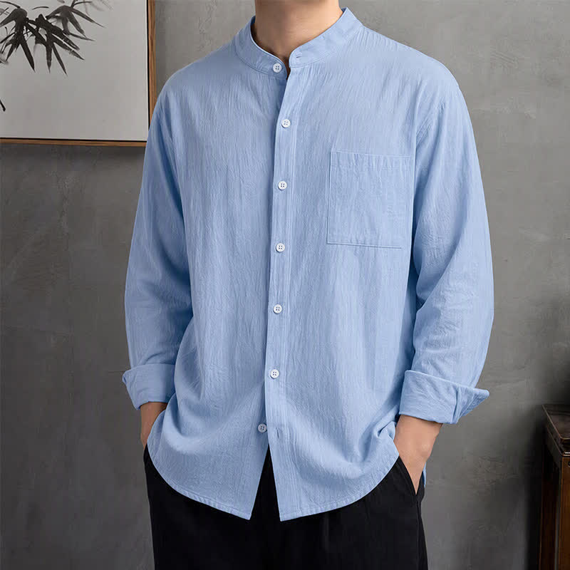 Buddha Stones Camisas de manga larga para hombre de estilo casual Tang con cuello mandarín y bolsillo de parche, ideales para primavera y otoño. - Azul claro - US/UK/AU42, EU52 (3XL) - image 0