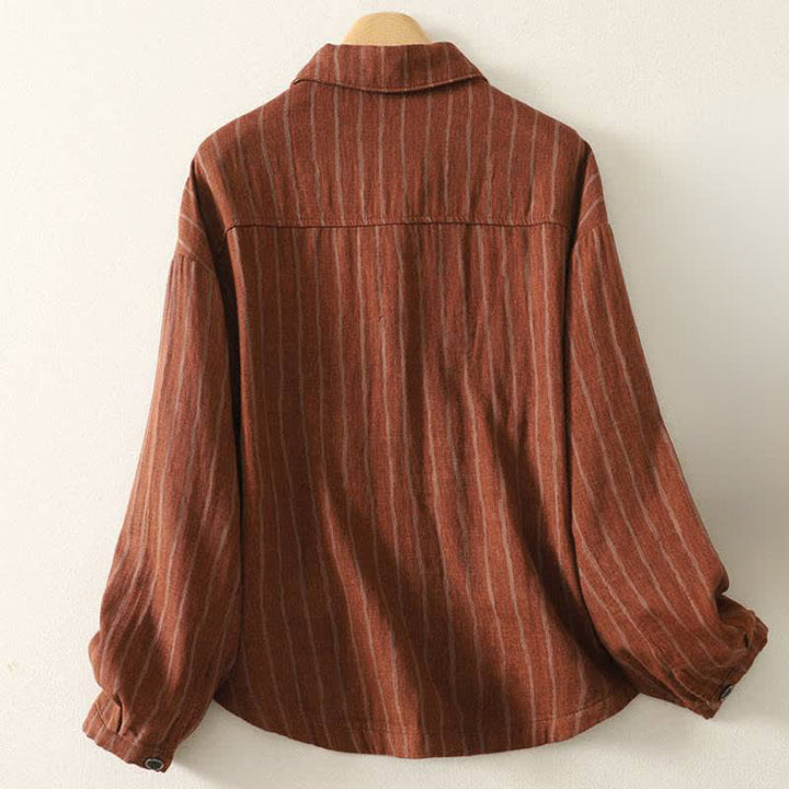 Buddha Stones Chaqueta de mujer informal vintage de otoño con botones, rayas y bolsillos. - image 9
