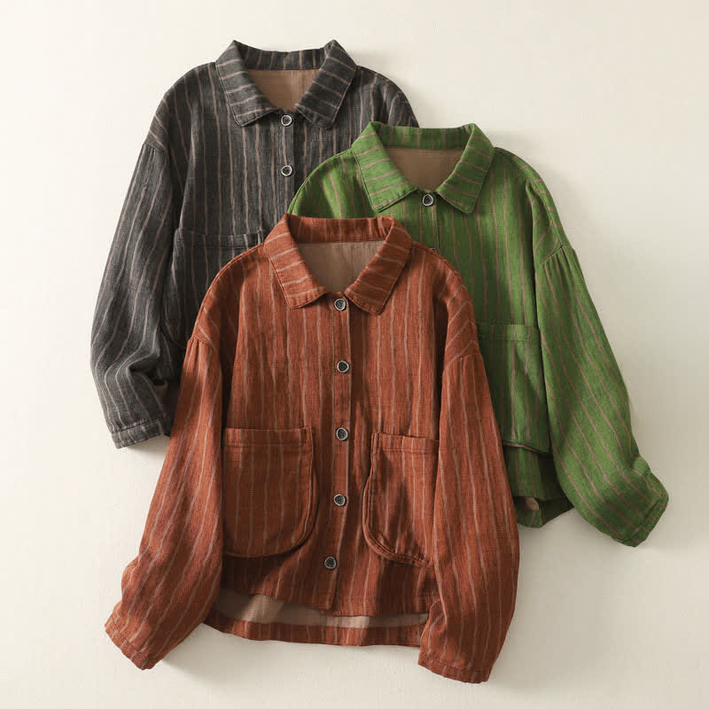 Buddha Stones Chaqueta de mujer informal vintage de otoño con botones, rayas y bolsillos. - image 11