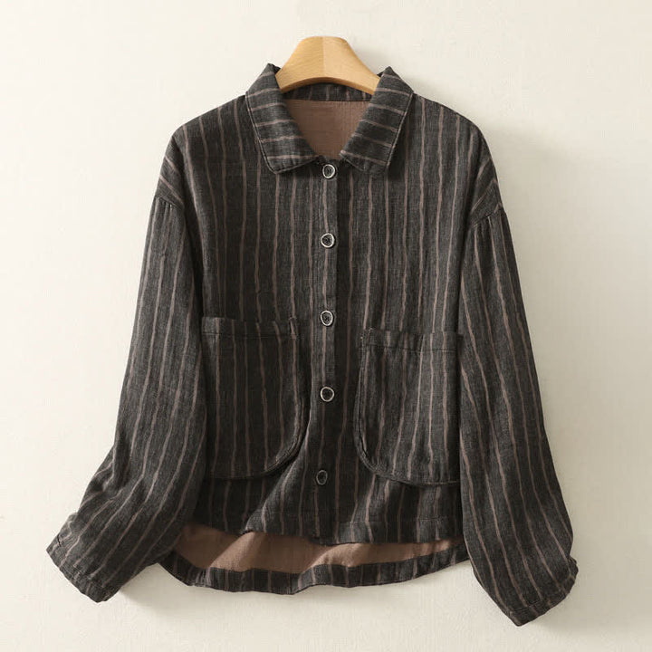 Buddha Stones Chaqueta de mujer informal vintage de otoño con botones, rayas y bolsillos. - Gris oscuro - US4-12, UK/AU8-16, EU36-44 (F) - image 0