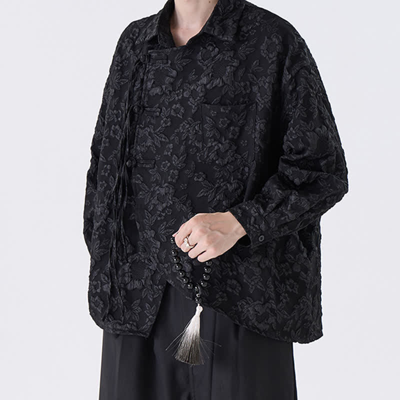 Buddha Stones Camisas de manga larga para hombre con estampado floral jacquard, estilo vintage Tang, con botones de rana, ideales para primavera y otoño. - Negro - US/UK/AU50, EU60 (5XL) - image 0