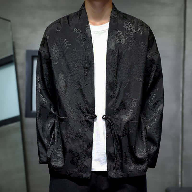 Buddha Stones Kimono de hombre estilo Tang vintage con cordón ajustable y estampado jacquard de dragón, ideal para otoño. - Negro - US/UK/AU46, EU56 (5XL) - image 0