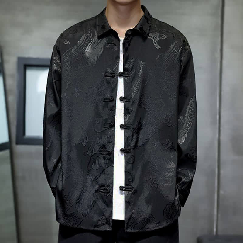 Buddha Stones Camisas de manga larga para hombre estilo Tang vintage con botones de rana y jacquard de dragón. - image 1