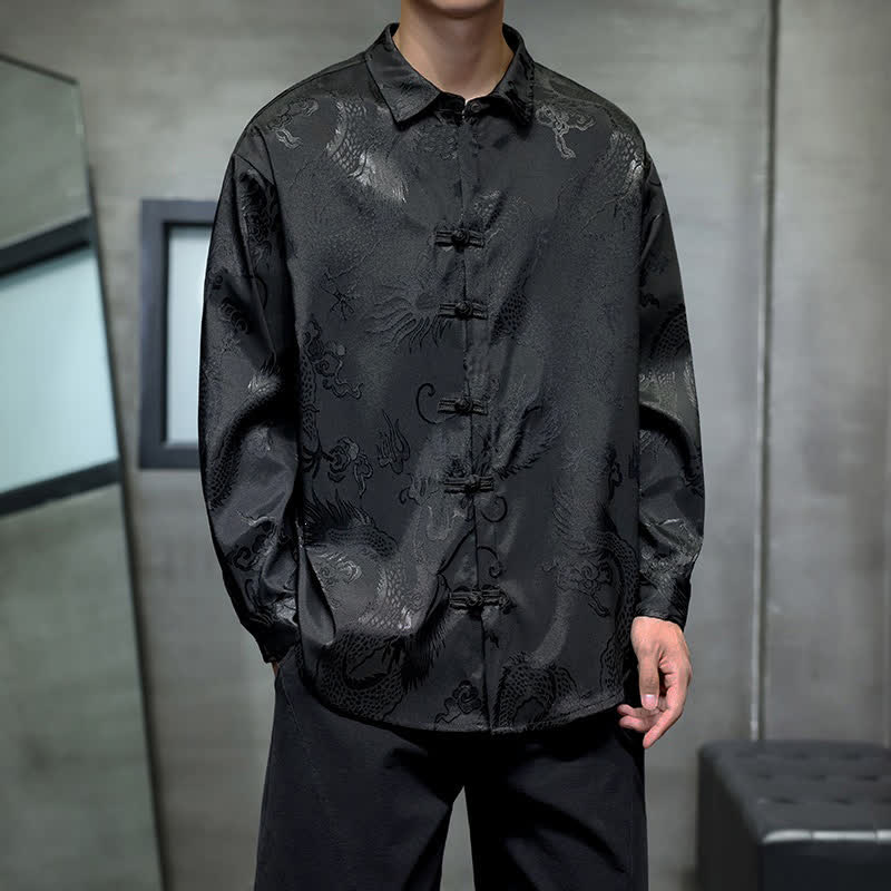 Buddha Stones Camisas de manga larga para hombre estilo Tang vintage con botones de rana y jacquard de dragón. - Negro - US/UK/AU46, EU56 (5XL) - image 0