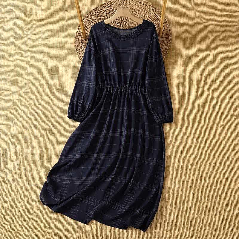 Buddha Stones Vestido de manga larga para mujer, estilo casual vintage, a cuadros azul medianoche, para primavera y otoño. - Azul medianoche - US14, UK/AU18, EU46 (2XL) - image 0