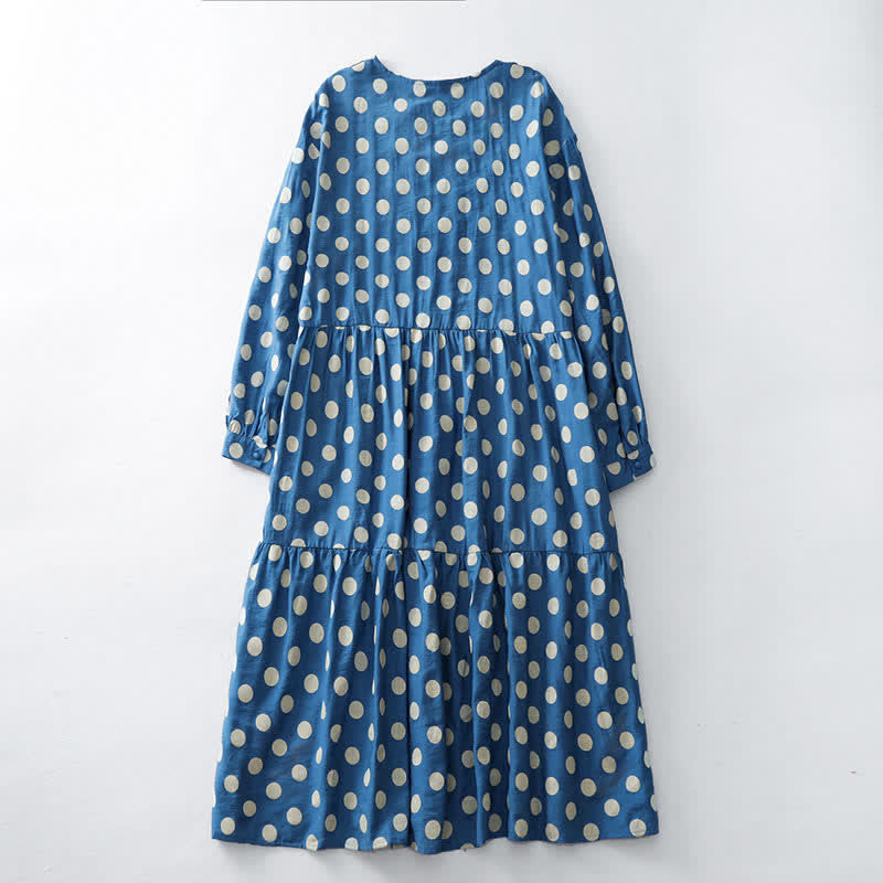 Buddha Stones Vestido de mujer informal de primavera estilo vintage, azul y blanco con lunares, manga larga y bolsillos. - image 1