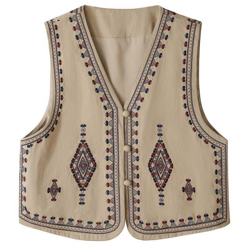 Buddha Stones Camiseta sin mangas de verano estilo boho vintage con bordado geométrico para mujer. - Broncearse - US8-10, UK/AU12-14, EU40-42 (2XL) - image 0