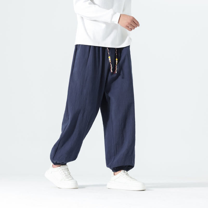 Buddha Stones Pantalones tobilleros de algodón liso con cordón ajustable, estilo casual minimalista, para hombre, ideales para primavera y verano. - image 1