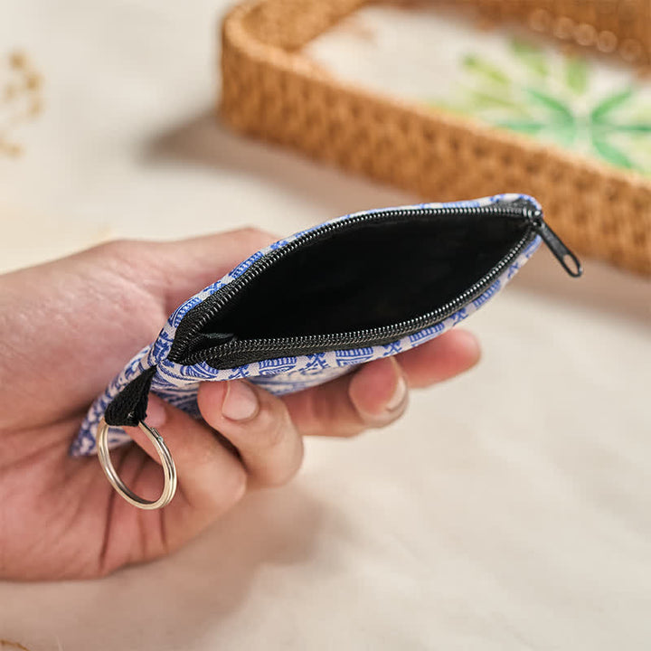Buddha Stones Monedero bohemio con cremallera y diseño de elefante azul y blanco. - image 4