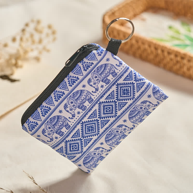 Buddha Stones Monedero bohemio con cremallera y diseño de elefante azul y blanco. - image 3