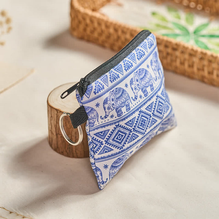 Buddha Stones Monedero bohemio con cremallera y diseño de elefante azul y blanco. - image 2