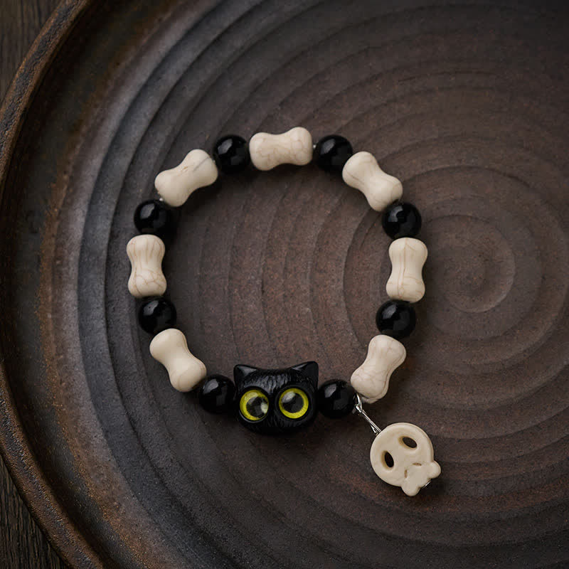 Buddha Stones Pulsera de fuerza con cuentas de calavera y gato negro - image 11