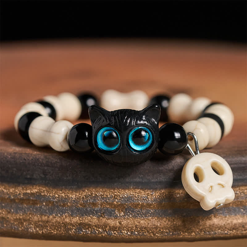 Buddha Stones Pulsera de fuerza con cuentas de calavera y gato negro - Gato de ojos azules - image 0