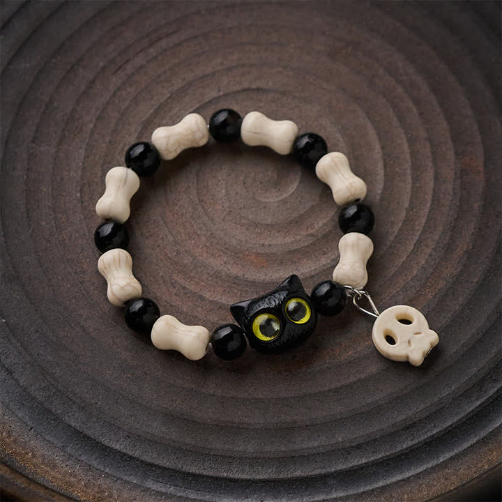 Buddha Stones Pulsera de fuerza con cuentas de calavera y gato negro - image 10