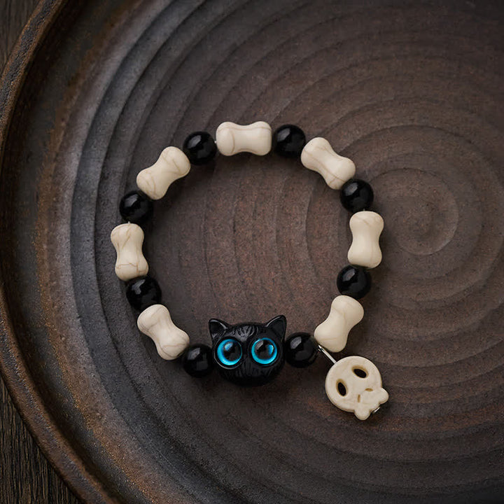 Buddha Stones Pulsera de fuerza con cuentas de calavera y gato negro - image 2