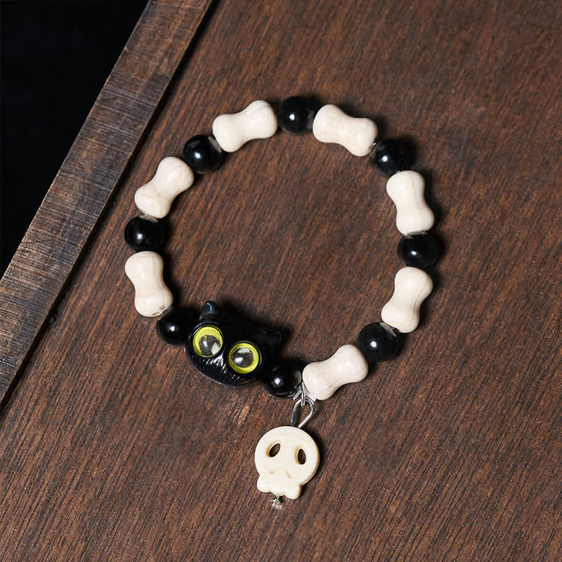 Buddha Stones Pulsera de fuerza con cuentas de calavera y gato negro - image 9