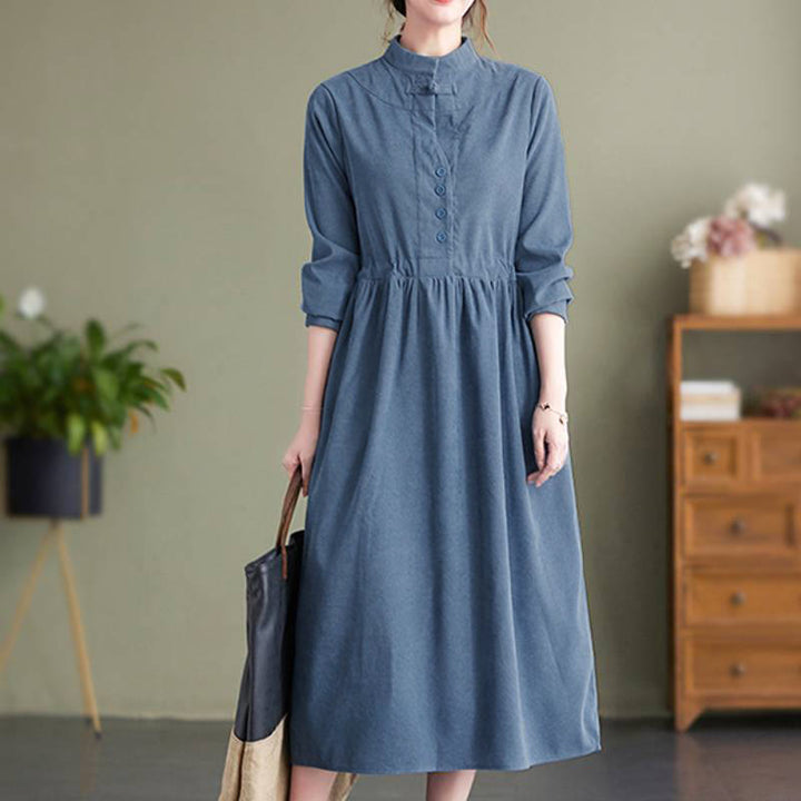 Buddha Stones Vestido de manga larga para mujer de pana lisa con cuello mandarín, estilo vintage, para otoño/invierno, con bolsillo. - image 3