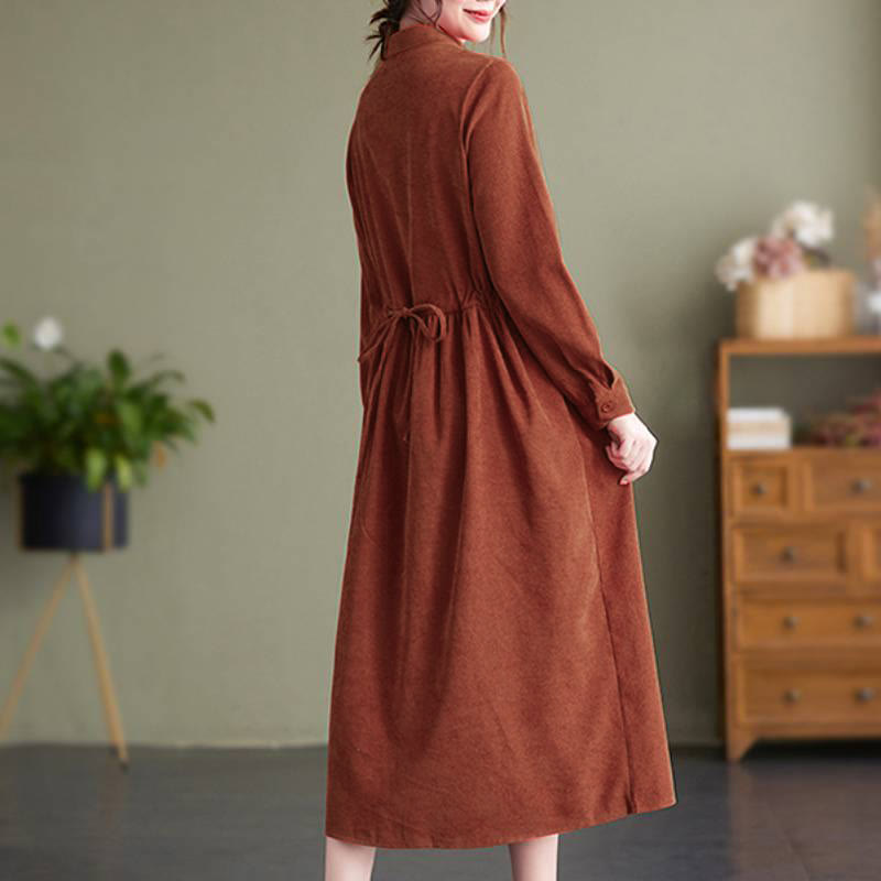 Buddha Stones Vestido de manga larga para mujer de pana lisa con cuello mandarín, estilo vintage, para otoño/invierno, con bolsillo. - image 13