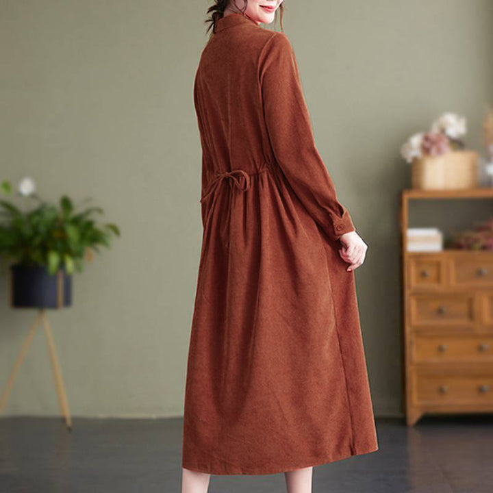 Buddha Stones Vestido de manga larga para mujer de pana lisa con cuello mandarín, estilo vintage, para otoño/invierno, con bolsillo. - image 13