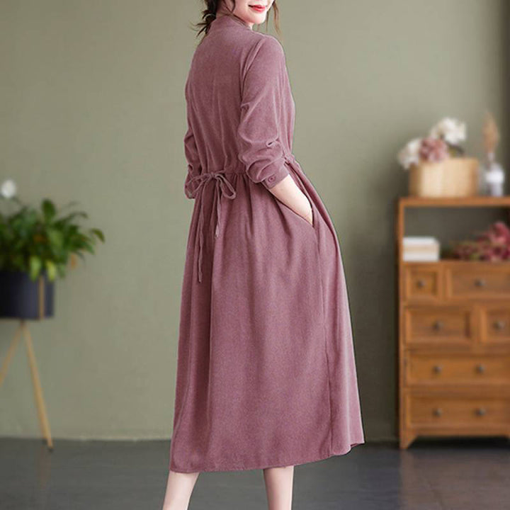 Buddha Stones Vestido de manga larga para mujer de pana lisa con cuello mandarín, estilo vintage, para otoño/invierno, con bolsillo. - image 25