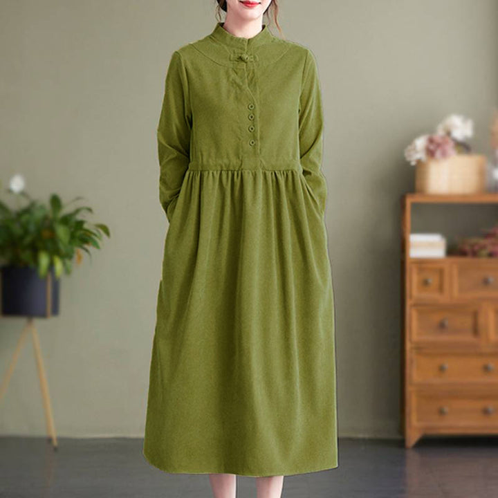 Buddha Stones Vestido de manga larga para mujer de pana lisa con cuello mandarín, estilo vintage, para otoño/invierno, con bolsillo. - image 7