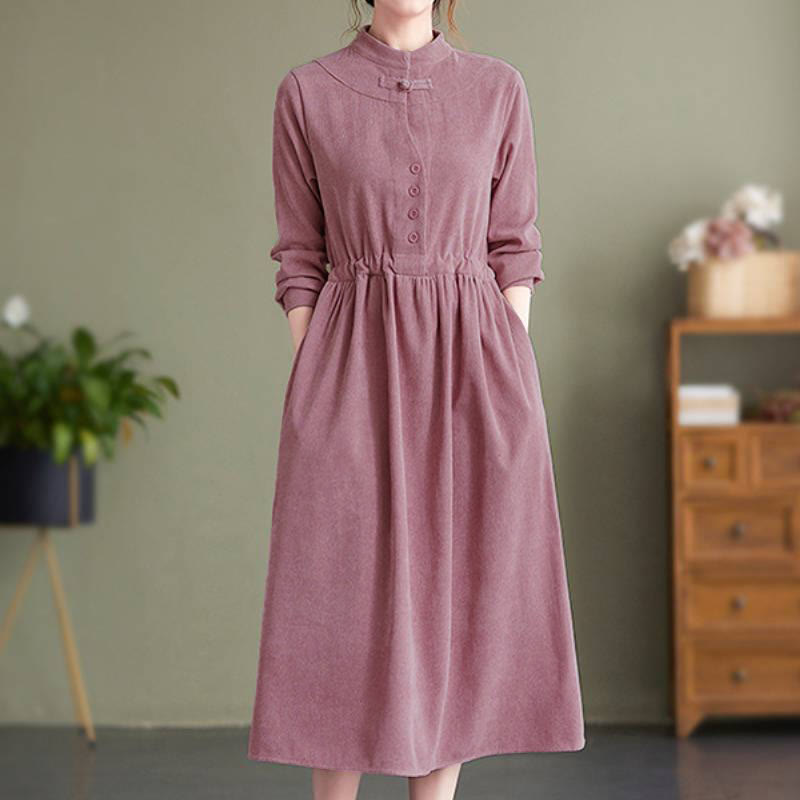 Buddha Stones Vestido de manga larga para mujer de pana lisa con cuello mandarín, estilo vintage, para otoño/invierno, con bolsillo. - image 23
