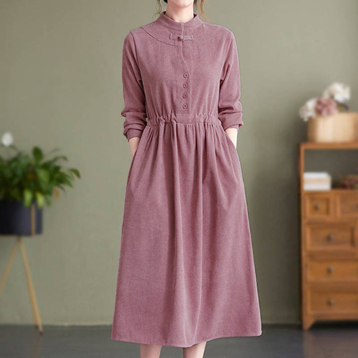 Buddha Stones Vestido de manga larga para mujer de pana lisa con cuello mandarín, estilo vintage, para otoño/invierno, con bolsillo. - image 23