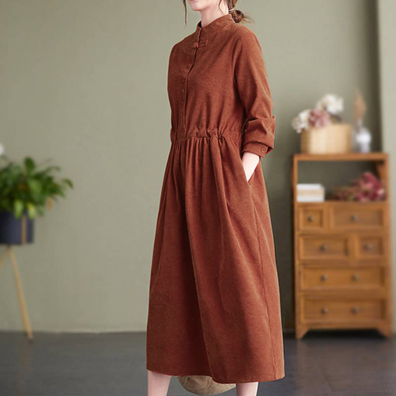 Buddha Stones Vestido de manga larga para mujer de pana lisa con cuello mandarín, estilo vintage, para otoño/invierno, con bolsillo. - image 12