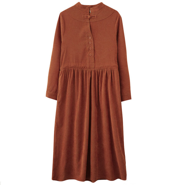 Buddha Stones Vestido de manga larga para mujer de pana lisa con cuello mandarín, estilo vintage, para otoño/invierno, con bolsillo. - image 14