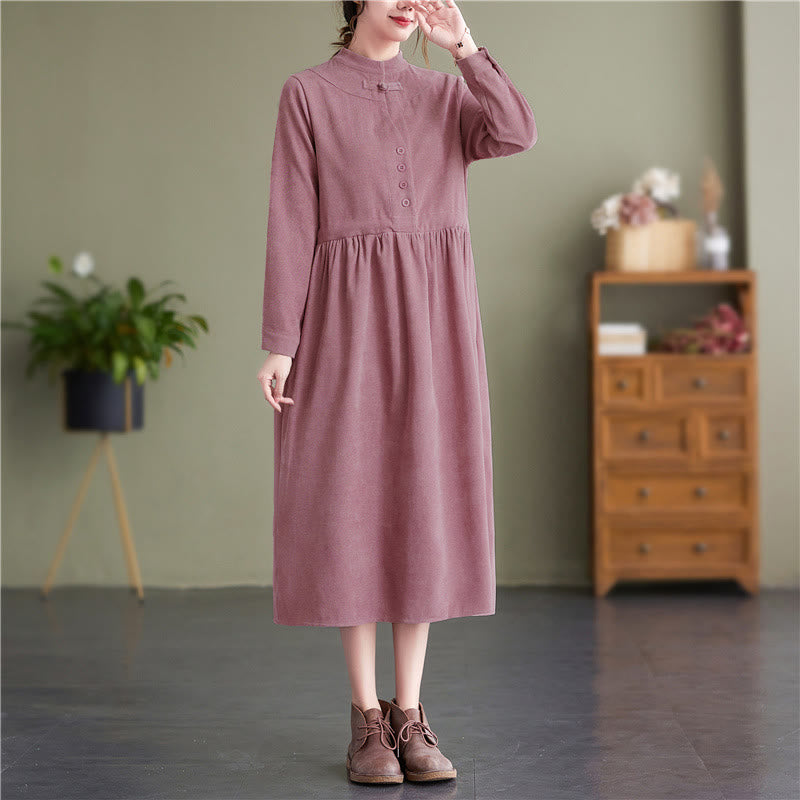 Buddha Stones Vestido de manga larga para mujer de pana lisa con cuello mandarín, estilo vintage, para otoño/invierno, con bolsillo. - rosa claro - US8-10, UK/AU12-14, EU40-42 (2XL) - image 22