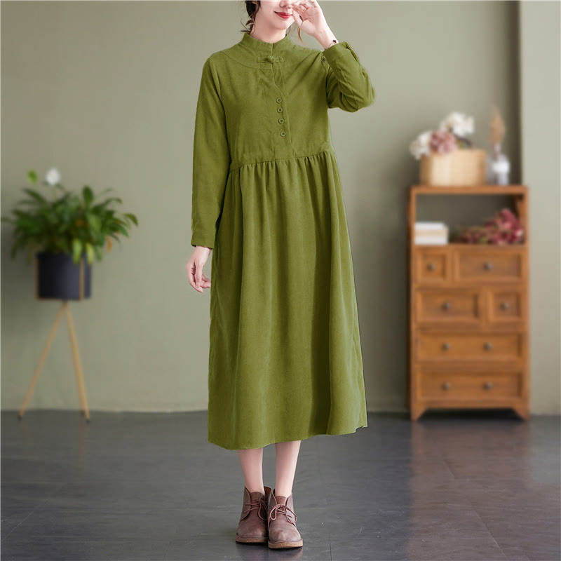 Buddha Stones Vestido de manga larga para mujer de pana lisa con cuello mandarín, estilo vintage, para otoño/invierno, con bolsillo. - Verde amarillento - US8-10, UK/AU12-14, EU40-42 (2XL) - image 5