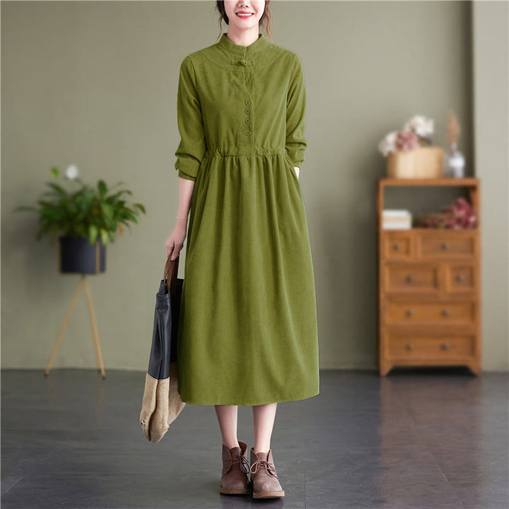 Buddha Stones Vestido de manga larga para mujer de pana lisa con cuello mandarín, estilo vintage, para otoño/invierno, con bolsillo. - image 6
